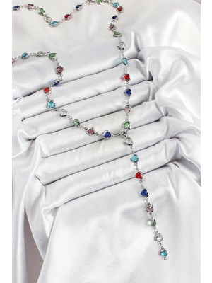 İsingir Shopping Pirinç Gümüş Renk Karışık Renk Zirkon Taşlı Kalpli Y Kadın Kolye