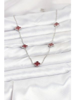 İsingir Shopping Çelik Zincir Gümüş Renk Bordo Baby Boy Yonca Kadın Kolye