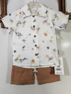 Diba Bebek Müslin Kumaş Palmiye Baskılı Şortlu-Kısa Kollu Erkek Çocuk Alt Üst Takım