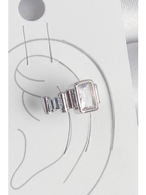 İsingir Shopping Pirinç Gümüş Renk Kare Zirkon Taşlı Kadın Kıkırdak Model Küpe