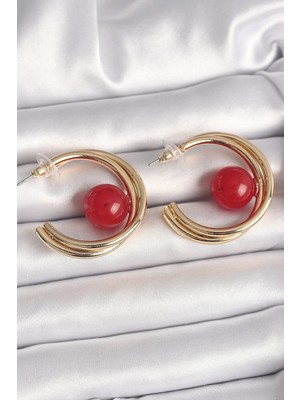 İsingir Shopping Pirinç Gold Renk Halka Model Kırmızı Boncuk Detay Kadın Küpe