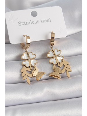 İsingir Shopping Çelik Gold Renk Beyaz Sedefli Yonca Simli Figür Kadın Küpe