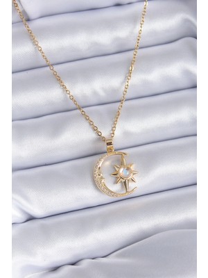 İsingir Shopping Çelik Gold Renk Zirkon Taşlı Ay Yıldız Model Kadın Kolye