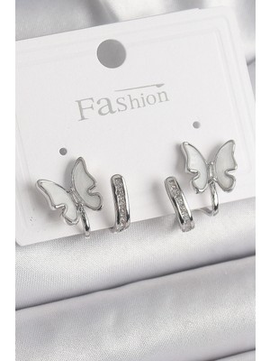 İsingir Shopping Pirinç Gümüş Renk Zirkon Taş Detaylı Beyaz Sedefli Model Kadın Küpe