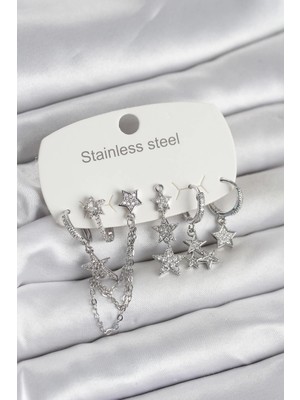 İsingir Shopping Çelik Gold Renk 6'lı Set Zincirli Yıldız Modelli Kadın Küpe