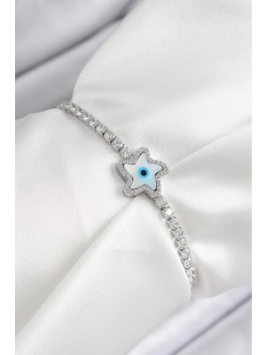 İsingir Shopping Pirinç Zirkon Taşlı Nazar Yıldız Model Gümüş Renk Asansörlü Kadın Bileklik