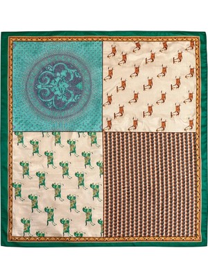Nergis Collection Yeşil Çerçeveli Patchwork Desenli 70X70 Fular – Büyük Boy Şık Kadın Boyun Fuları