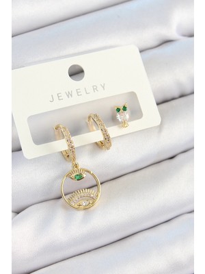 İsingir Shopping Pirinç Zirkon Taşlı Göz Baykuş Model Gold Renk 3'lü Çift Kadın Küpe Set