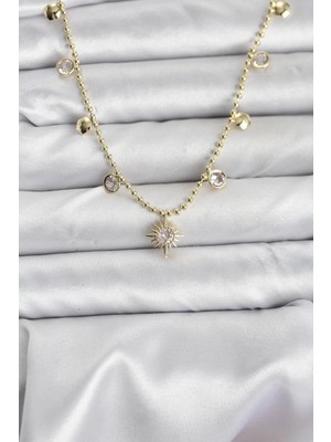 İsingir Shopping Zirkon Taşlı Kutup Yıldızı Model Pirinç Gold Renk Kadın Kolye