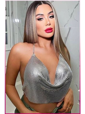 bebekokusu Parlak Gümüş Zırh Bustiyer,kadın Seksi Zarif Crop