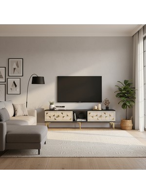 Ceneyra TSA1504ATG- Moka Tv Stand 150CM Antrasit-Traverten-Gold