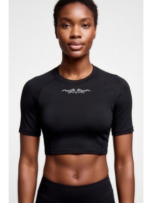 Flex Premium Gotik Model 2 Siyah Kısa Kol Compression Kadın Crop T-Shirt Spor Büstiyer Bluz Yoga Pilates