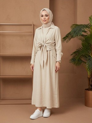 Miostil Yakalı Ön Bağlamalı Ikili Elbise-Taş