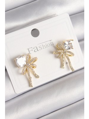 İsingir Shopping Pirinç Gold Renk Zirkon Taşlı Kurdele Model Kadın Küpe