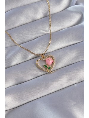 İsingir Shopping Çelik Zincirli Gold Renk Zirkon Taşlı Içinde Pembe Gül Tasarımlı Kolye