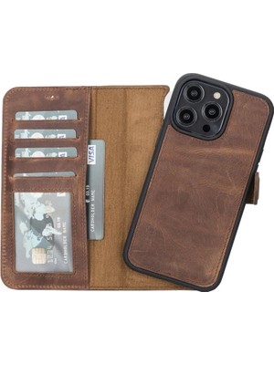 AyrStore Buğz Apple iPhone 14 Pro Max Uyumlu Deri Cüzdanlı Kılıf Mwwn G2 Kahve