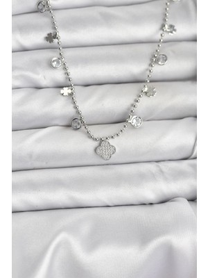 İsingir Shopping Pirinç Gümüş Renk Yonca Model Kadın Kolye