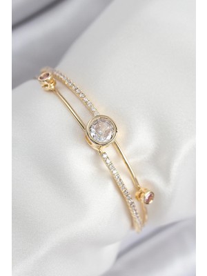 İsingir Shopping Pirinç Zirkon Taşlı Pırlanta Model Gold Renk Kadın Bileklik
