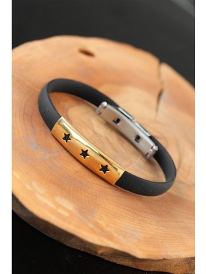 Youday Accessories Gold Renk Çelik Yıldızlı Tasarım Siyah Renk Silikon Erkek Bileklik