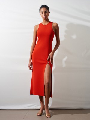 Dilvin 90255 Aksesuar Detaylı Yırtmaçlı Triko Elbise-A.kırmızı