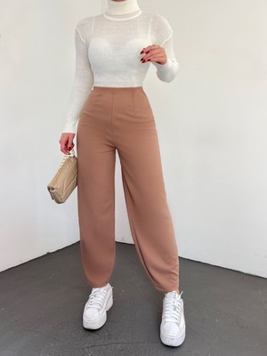 Moda Morfo Beli Lastikli Balon Pantolon -Vizon