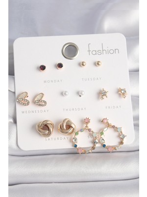 Youday Accessories Pirinç Gold Renk Renkli Zirkon Taşlı Kalp Detay 7 Çift Kadın Küpe Seti