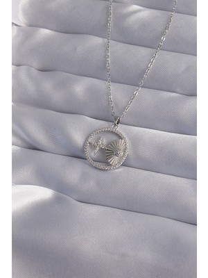 Youday Accessories 316L Çelik Zincir Gümüş Renk Zirkon Taşlı Yıldız Figürlü Oval Kolye