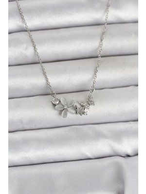 Youday Accessories 316L Çelik Zincir Gümüş Renk Çiçek ve Kelebek Model Kadın Kolye