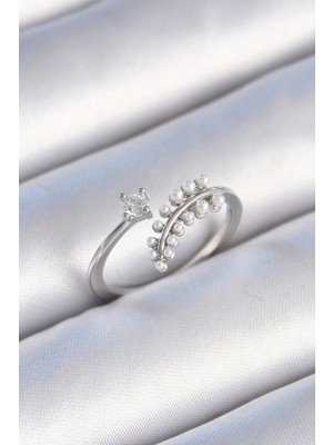 Youday Accessories Pirinç Gümüş Renk Zirkon Taşlı Incili Yaprak Model Kadın Yüzük