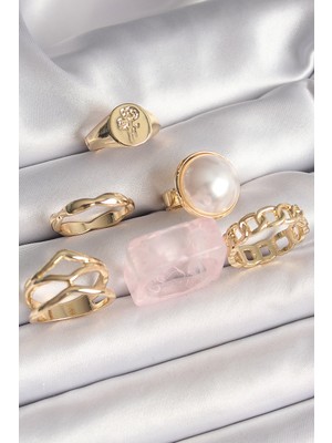 Youday Accessories Pirinç Gold Renk Daire 3D Incili Figür Zincir Model Gül Işleme Detaylı 6'LI Kadın Yüzük Seti