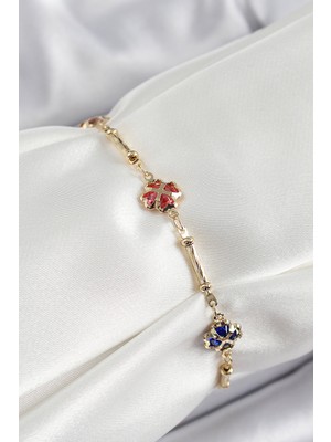 Youday Accessories Pirinç Gold Renk Karışık Renk Yonca Zirkon Taşlı Kadın Bileklik