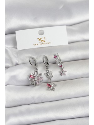 Youday Accessories Pirinç Gümüş Renk Çiçek Model 3'LÜ Kadın Küpe