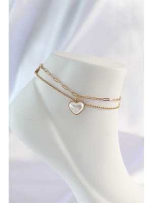 Youday Accessories 316L Çelik Gold Renk Beyaz Kalpli 2li Halhal