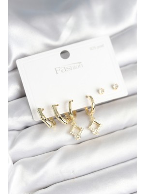 Youday Accessories Pirinç Gold Renk 925 Ayar Gümüş Çivili Kadın Küpe Seti