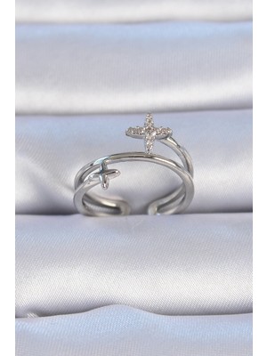 Youday Accessories Pirinç Gümüş Renk Zirkon Taşlı Yıldız Model Kadın Yüzük