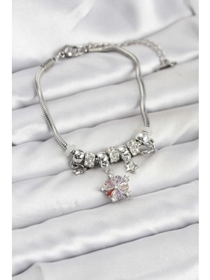 Youday Accessories Pirinç Gümüş Renk Renkli Yıldız Charmlı Kadın Bileklik