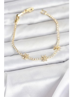 Youday Accessories Pirinç Gold Renk Çiçek Model Zirkon Taşlı Su Yolu Kadın Bileklik