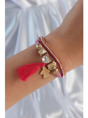 Youday Accessories Pembe Renk Zirkon Taşlı Püskül Detay Deri Çoklu Bileklik