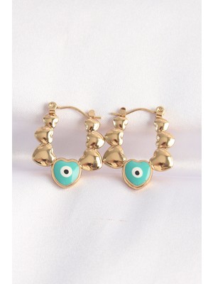 Youday Accessories 316L Çelik Gold Renk Mavi Nazarlı Kalpli Model Küpe
