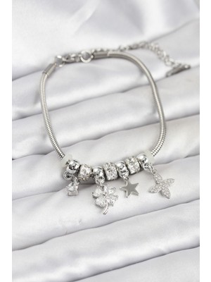 Youday Accessories Gümüş Renk Pirinç Yonca Charmlı Kadın Bileklik