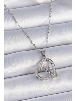 Youday Accessories 316L Çelik Zincir Gümüş Renk Zirkon Taşlı Kalp Model Melek Detay Kadın Kolye