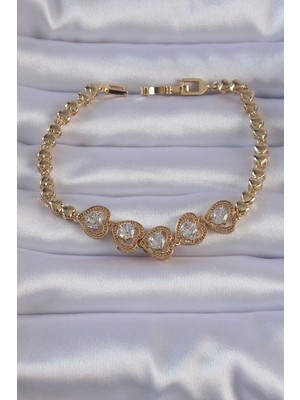 Youday Accessories Pirinç Gold Renk Içi Zirkon Taşlı Kalp Figürlü Bileklik