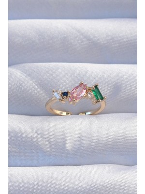 Youday Accessories Pirinç Gold Renk Renkli Zirkon Taşlı Ayarlanabilir Yüzük