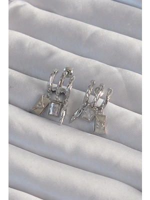 Youday Accessories Pirinç Gümüş Renk Zirkon Taşlı Çoklu Aksesuarlı Yarım Halka Kaburga Küpe