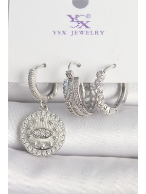 Youday Accessories Pirinç Gümüş Renk Zirkon Taşlı Göz Işlemeli Halka Model 3'LÜ Kadın Kombin Küpe