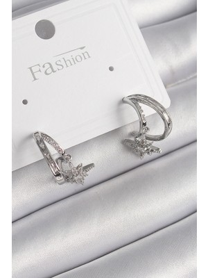 Youday Accessories Pirinç Gümüş Renk Zirkon Taşlı Halka Model Sallantı Yıldız Detay Kadın Küpe