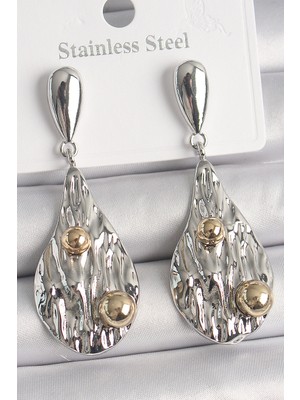 Youday Accessories Pirinç Gümüş Renk Sallantı Damla Model Gold Topçuk Detay Kadın Küpe