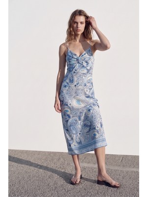 Quzu Düğümlü Şal Desenliı Midi Elbise Mavi