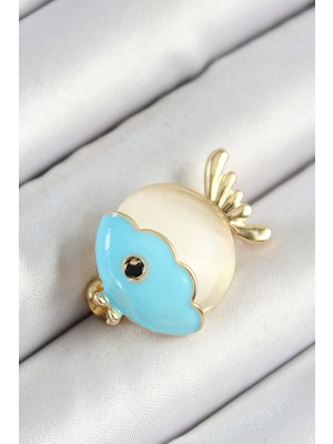 Youday Accessories Mineli Turkuaz ve Krem Balık Figürlü Gold Renk Kadın Broş