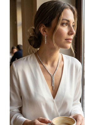 Youday Accessories Gümüş Renk Baget Zirkon Taşlı Kadın Kolye Küpe Set